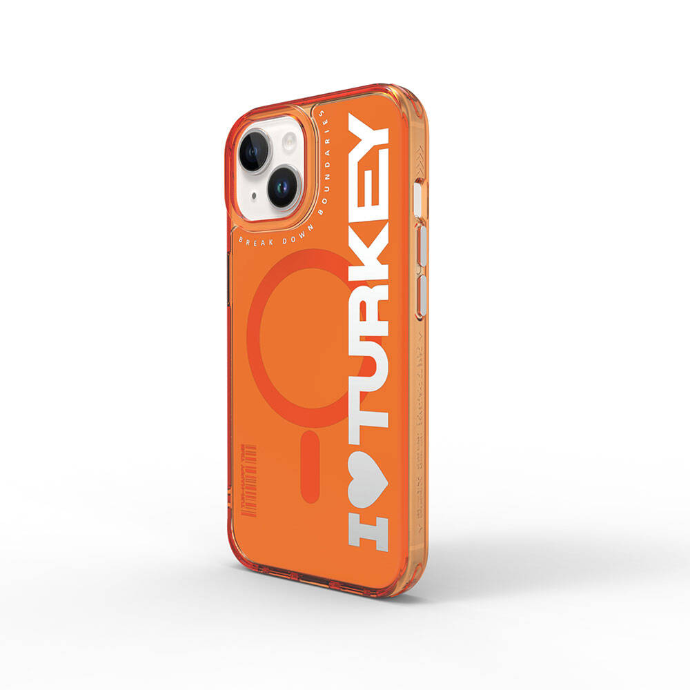 iPhone 15 Kılıf Magsafe Şarj Özellikli I Love Turkey Yazı Desenli Wiwu Turkey E Serisi Kılıf Turuncu