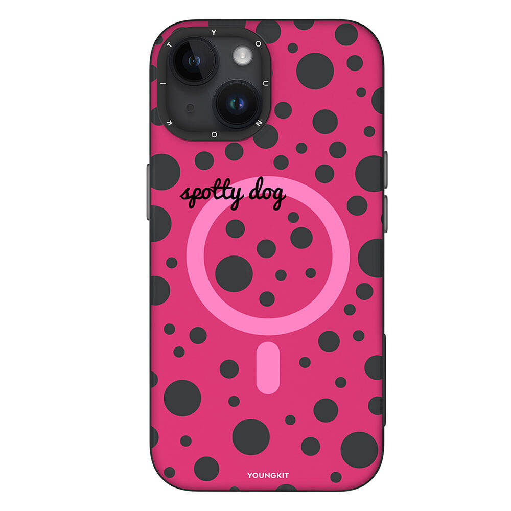iPhone 15 Kılıf Magsafe Şarj Özellikli Polka Dot Desenli Youngkit Spots Serisi Kılıf Pembe