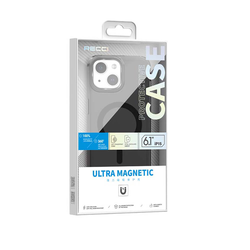 iPhone 15 Kılıf Magsafe Şarj Özellikli Saydam Arka Yüzey Recci Crystal Color Serisi Kılıf Siyah