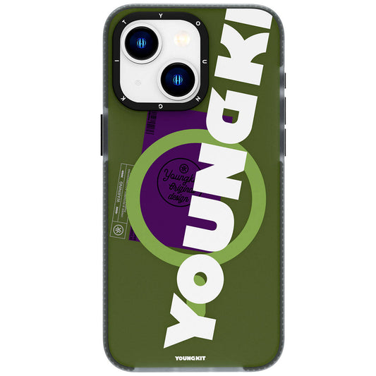 iPhone 15 Kılıf Magsafe Şarj Özellikli Youngkit Binfen Serisi Yazı Temalı Kılıf Yeşil