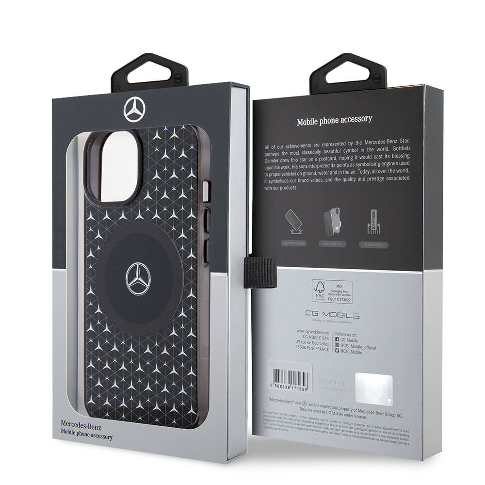 iPhone 15 Kılıf Mercedes Benz Orjinal Lisanslı Magsafe Şarj Özellikli Çift Katmanlı Mini Yıldız Desenli Kılıf Siyah