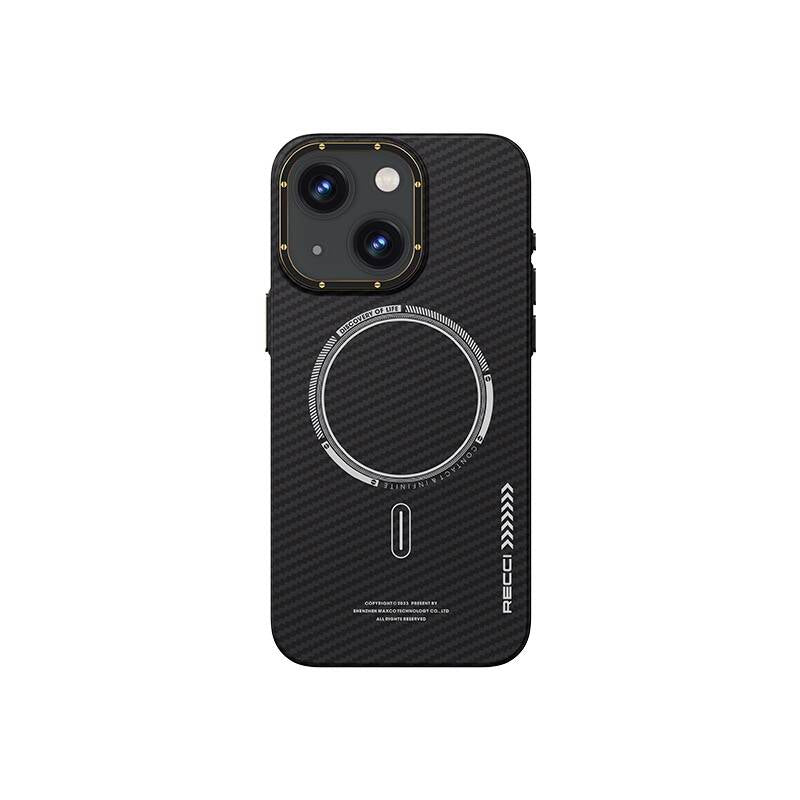 iPhone 15 Kılıf Recci Machinist Serisi Magsafe Şarj Özellikli Magnetik Karbon Kılıf Siyah