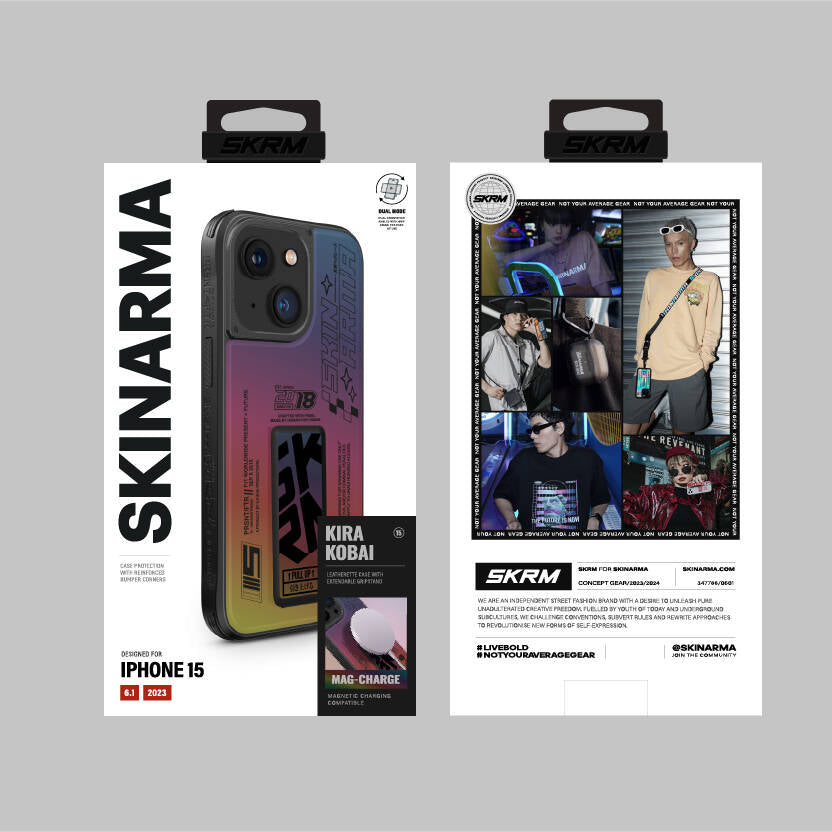 iPhone 15 Kılıf SkinArma Holografik Tasarımlı Standlı Deri Görünümlü Kira Kobai Kılıf Colorful