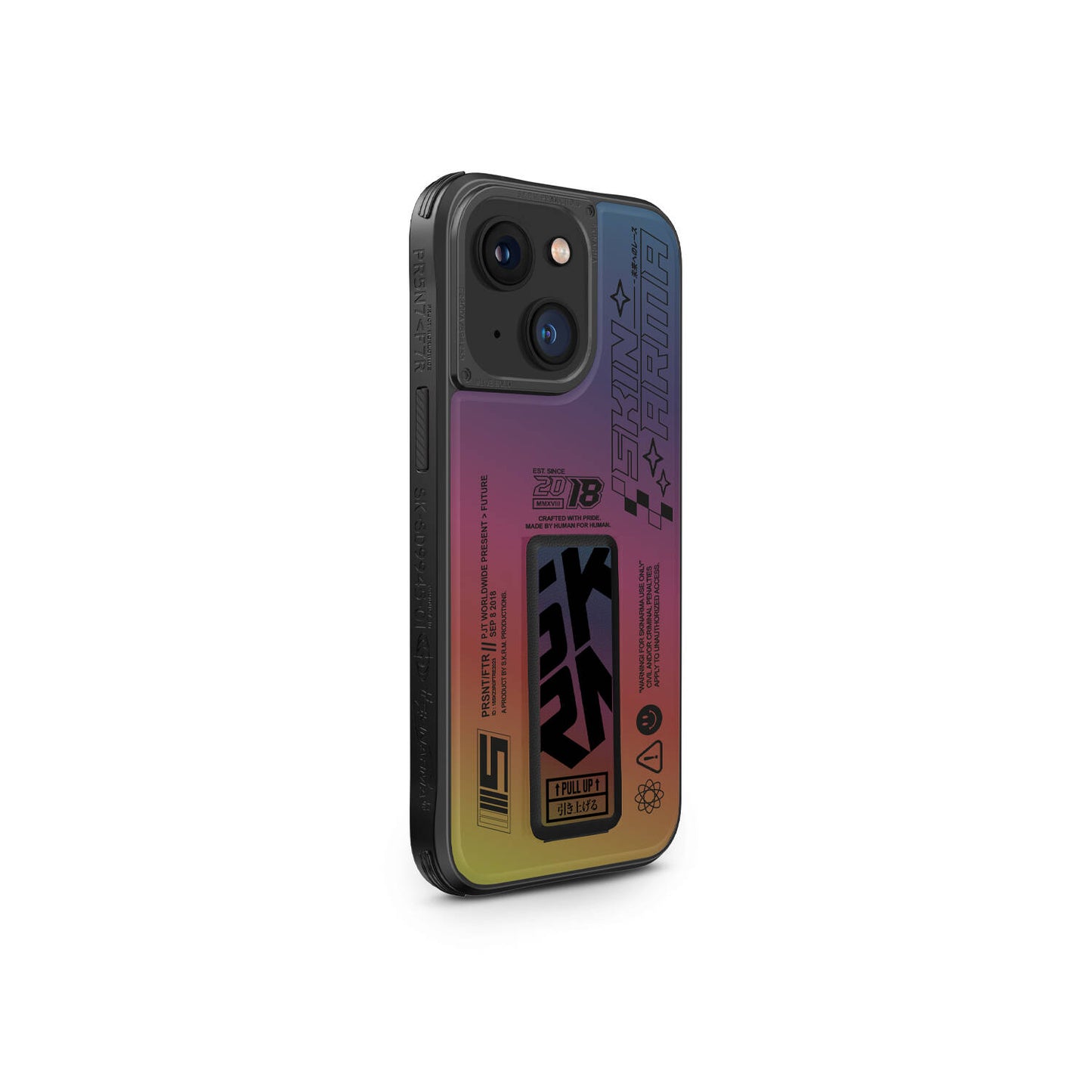 iPhone 15 Kılıf SkinArma Holografik Tasarımlı Standlı Deri Görünümlü Kira Kobai Kılıf Colorful