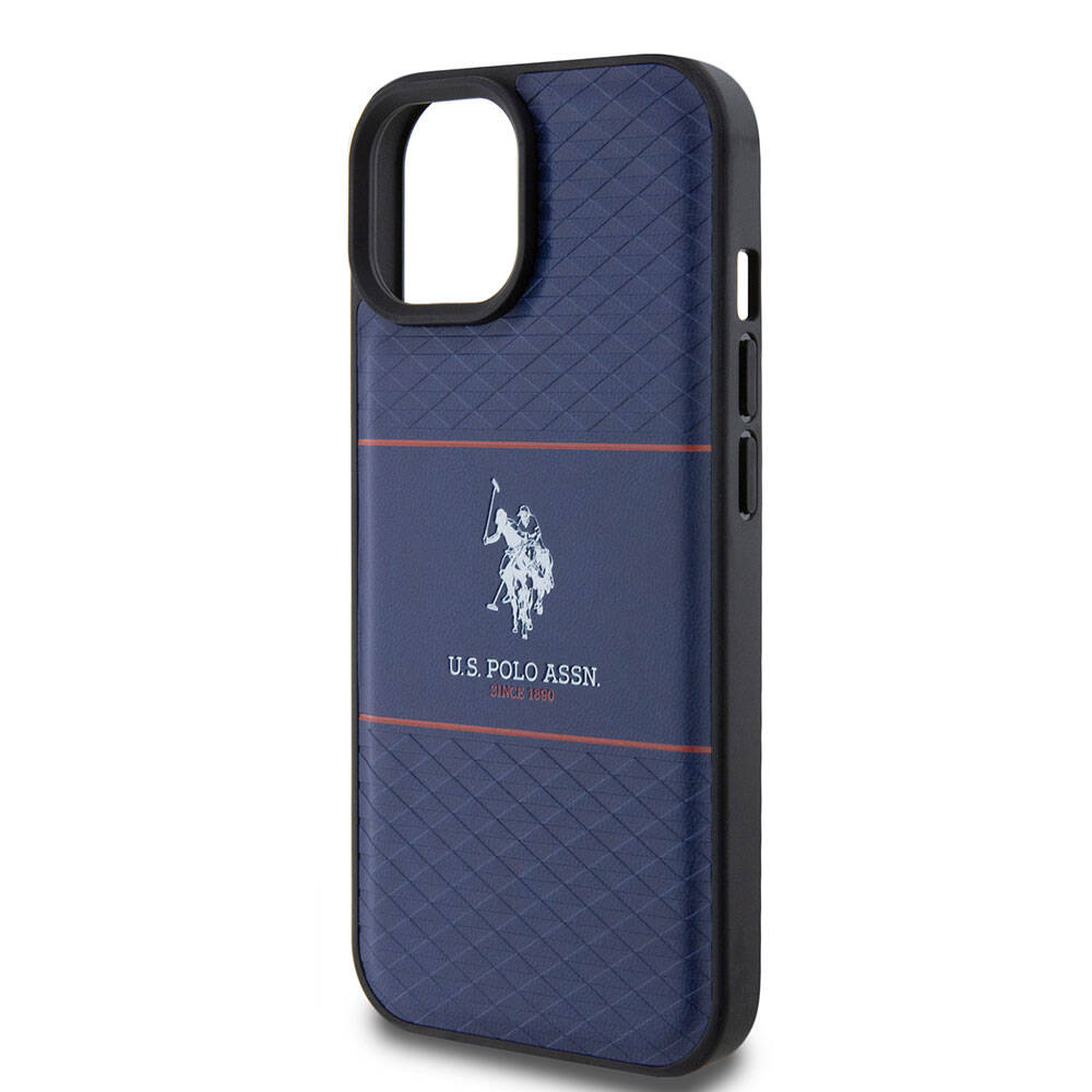 iPhone 15 Kılıf U.S. Polo Assn. Orjinal Lisanslı Deri Şeritli Logo Dizayn Kılıf Lacivert