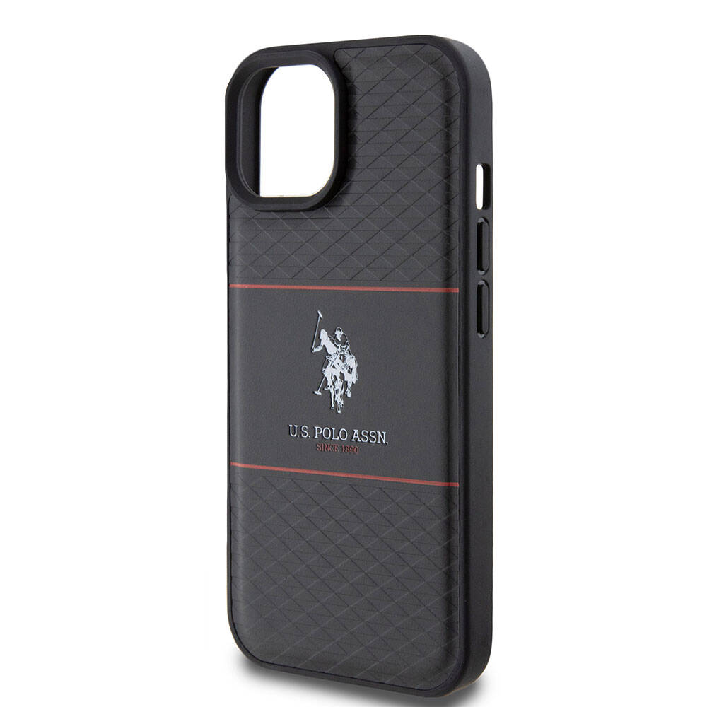 iPhone 15 Kılıf U.S. Polo Assn. Orjinal Lisanslı Deri Şeritli Logo Dizayn Kılıf Siyah