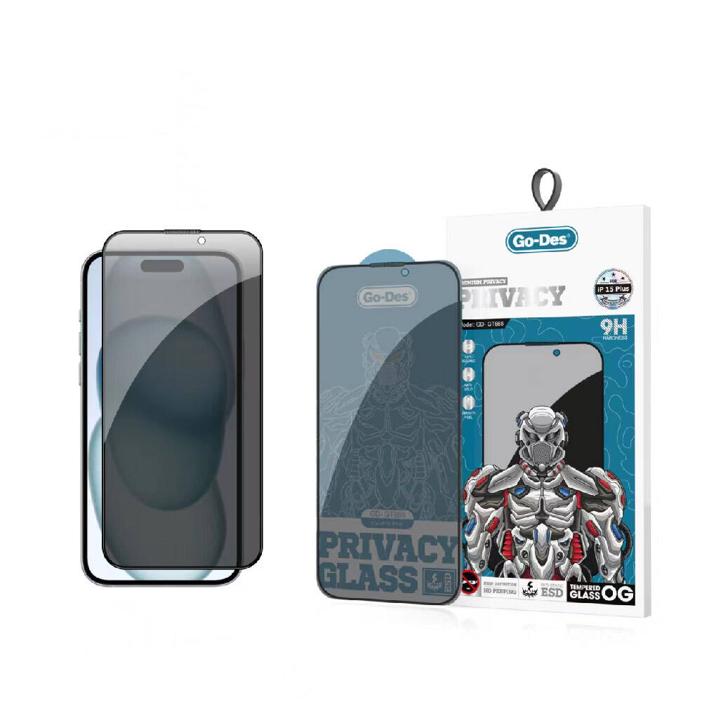 iPhone 15 Plus Go Des 9D Full Cover Privacy Temperli Cam Ekran Koruyucu Siyah