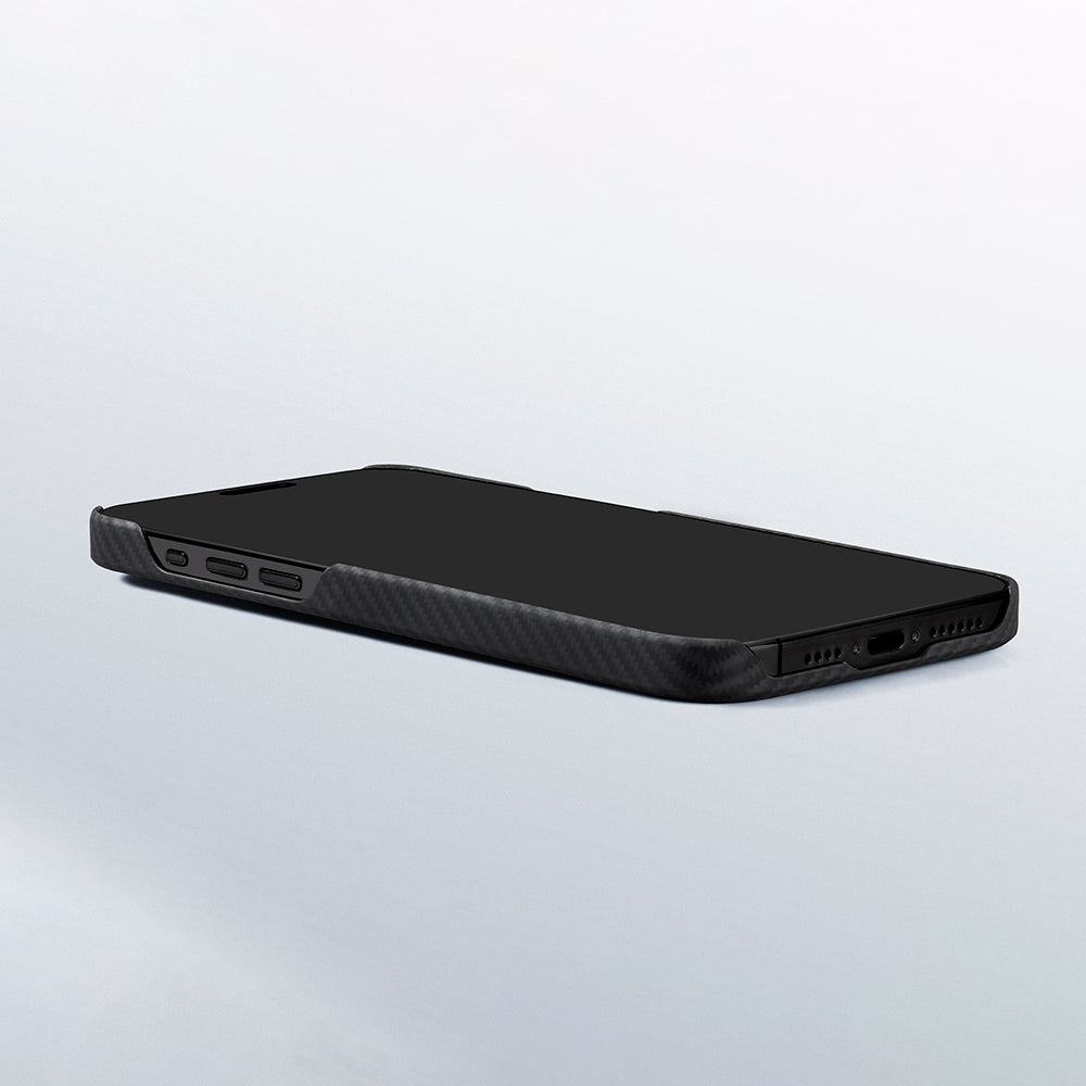 iPhone 15 Plus Kılıf Magsafe Şarj Özellikli 600D Aramid Fiber Pitaka Ultra-Slim Classic Serisi Black-Grey Twill Kılıf Siyah-Gri