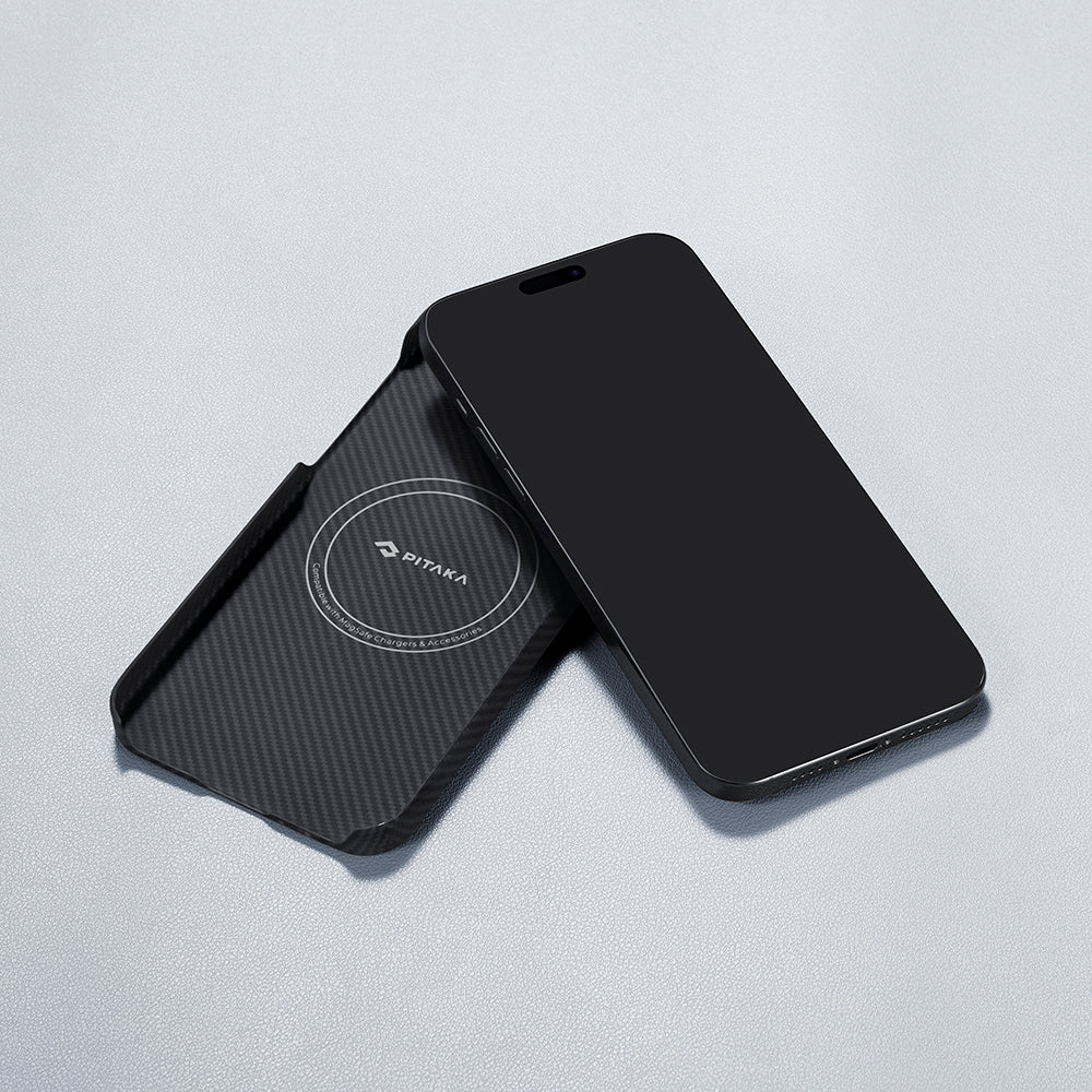 iPhone 15 Plus Kılıf Magsafe Şarj Özellikli 600D Aramid Fiber Pitaka Ultra-Slim Classic Serisi Black-Grey Twill Kılıf Siyah-Gri