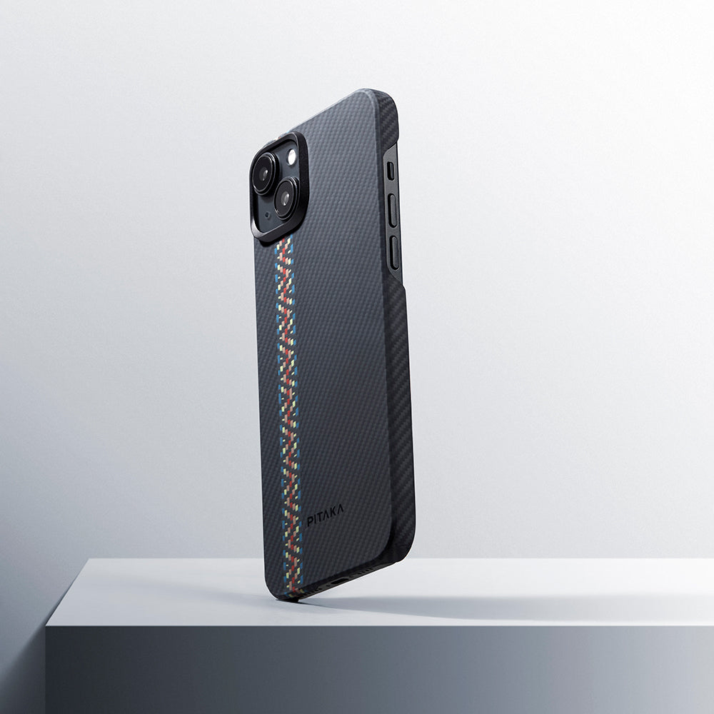 iPhone 15 Plus Kılıf Magsafe Şarj Özellikli 600D Aramid Fiber Pitaka Tactile Woven Orchestra Serisi Rhapsody Kılıf Siyah
