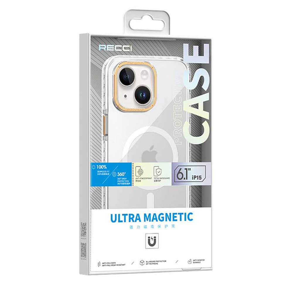iPhone 15 Plus Kılıf Magsafe Şarj Özellikli Cam Arka Yüzey Recci Michelin Serisi Kılıf Beyaz