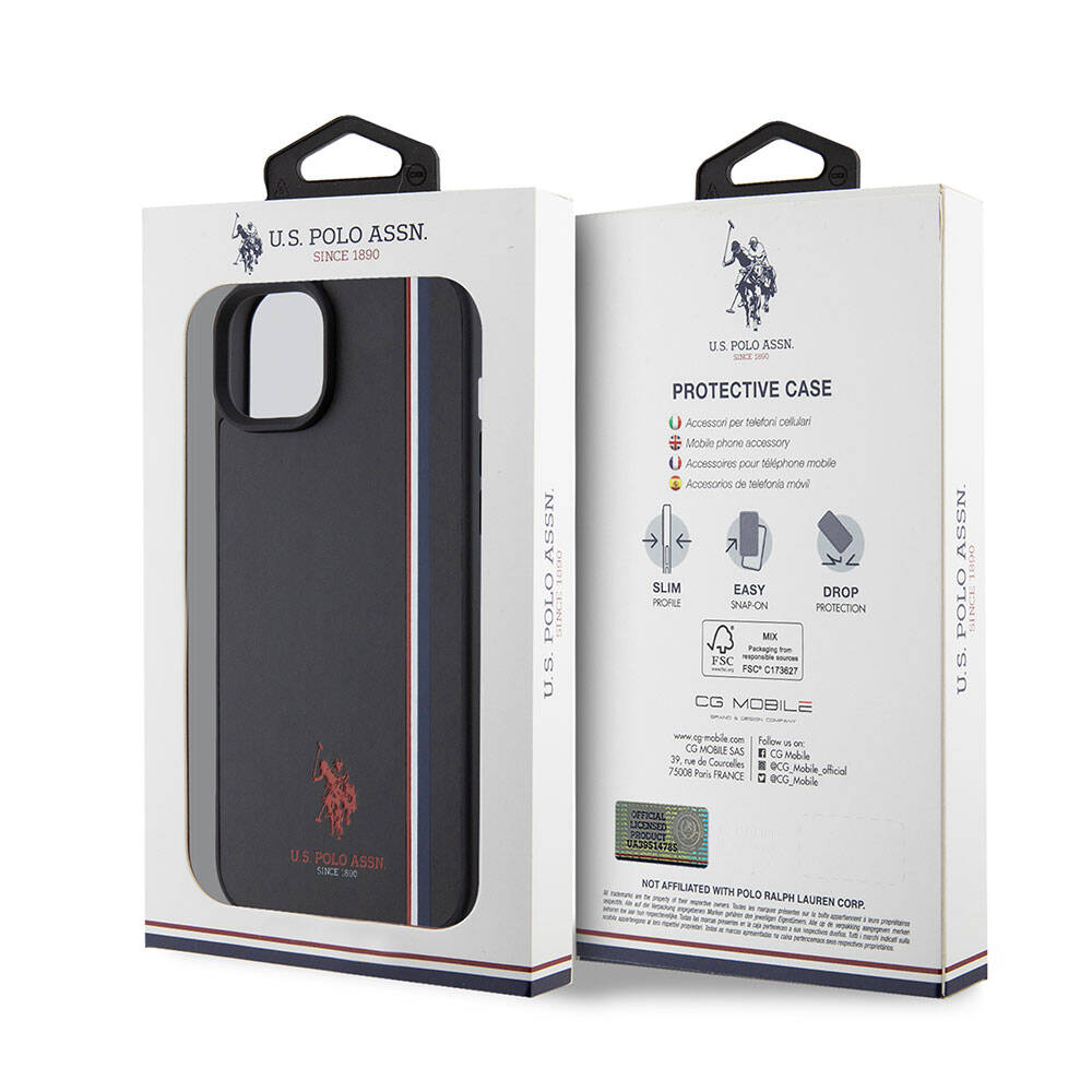 iPhone 15 Plus Kılıf U.S. Polo Assn. Orjinal Lisanslı Üç Renk Şerit Tasarımlı Baskı Logolu Kılıf Siyah