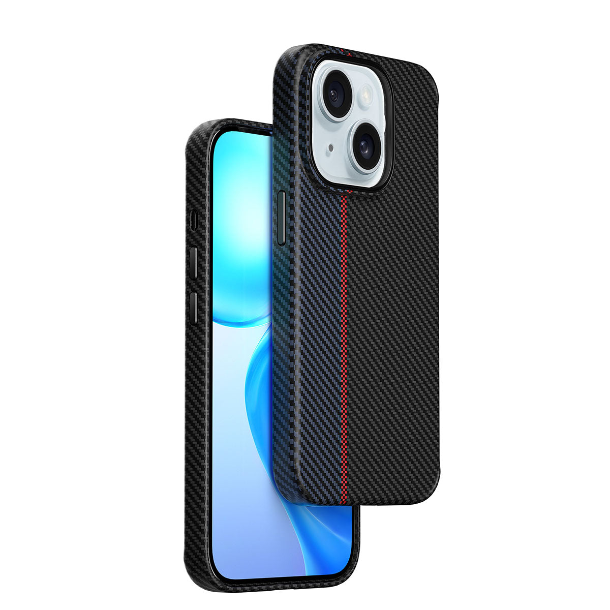 iPhone 15 Plus Kılıf Wiwu LCC-107 Karbon Fiber Magsafe Şarj Özellikli Kamera Korumalı Kabon Kılıf Siyah-Mavi