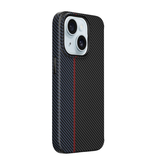 iPhone 15 Plus Kılıf Wiwu LCC-107 Karbon Fiber Magsafe Şarj Özellikli Kamera Korumalı Kabon Kılıf Siyah-Mavi