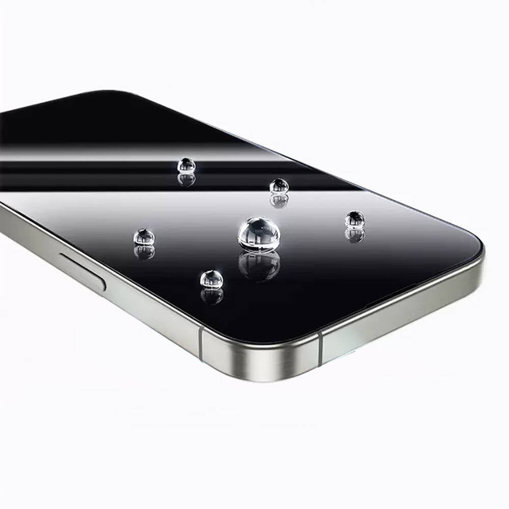 iPhone 15 Plus Wiwu GT-009 Polimer Oleofobik Kaplama Şeffaf Pürüzsüz Temperli Cam Ekran Koruyucu Siyah