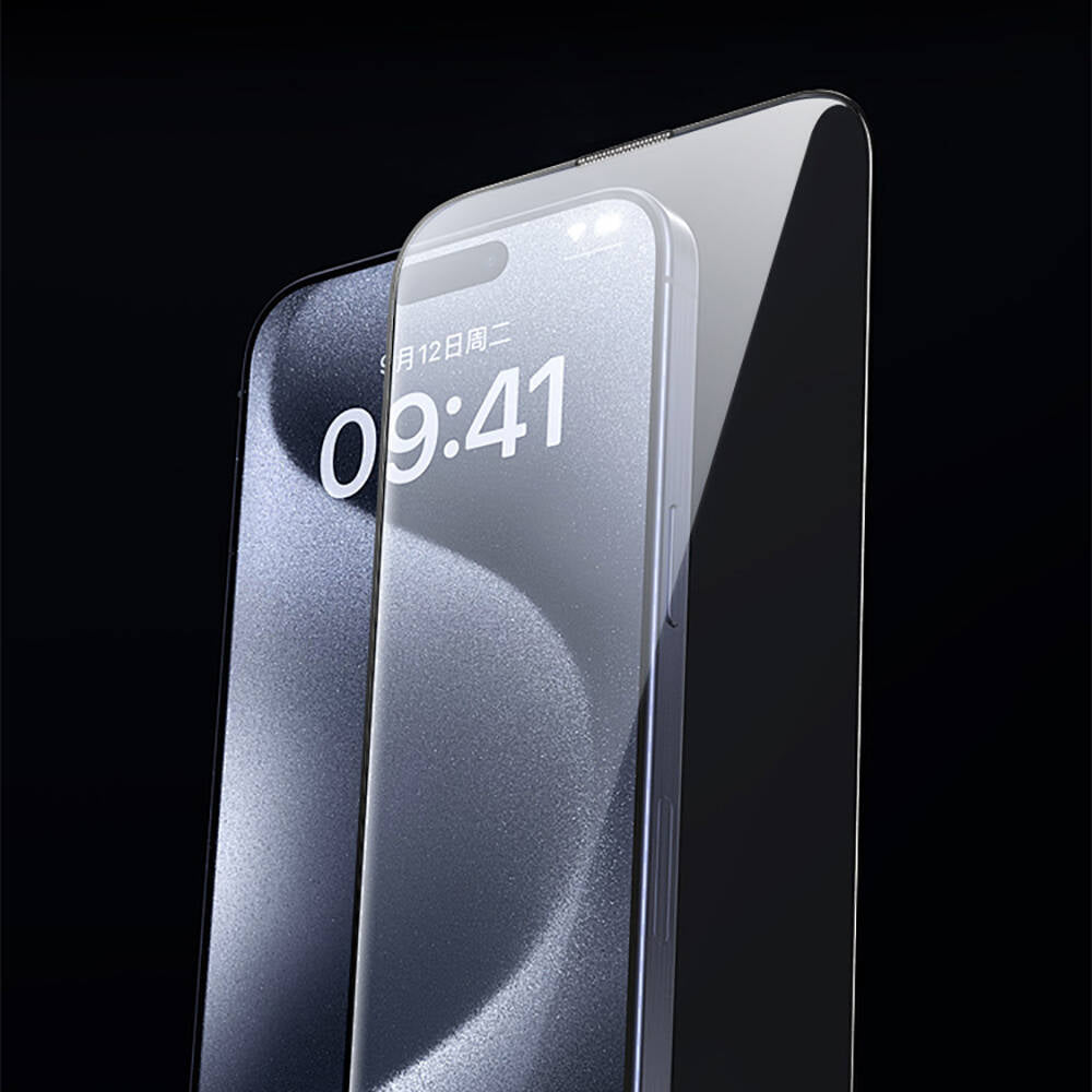 iPhone 15 Plus Wiwu GT-009 Polimer Oleofobik Kaplama Şeffaf Pürüzsüz Temperli Cam Ekran Koruyucu Siyah