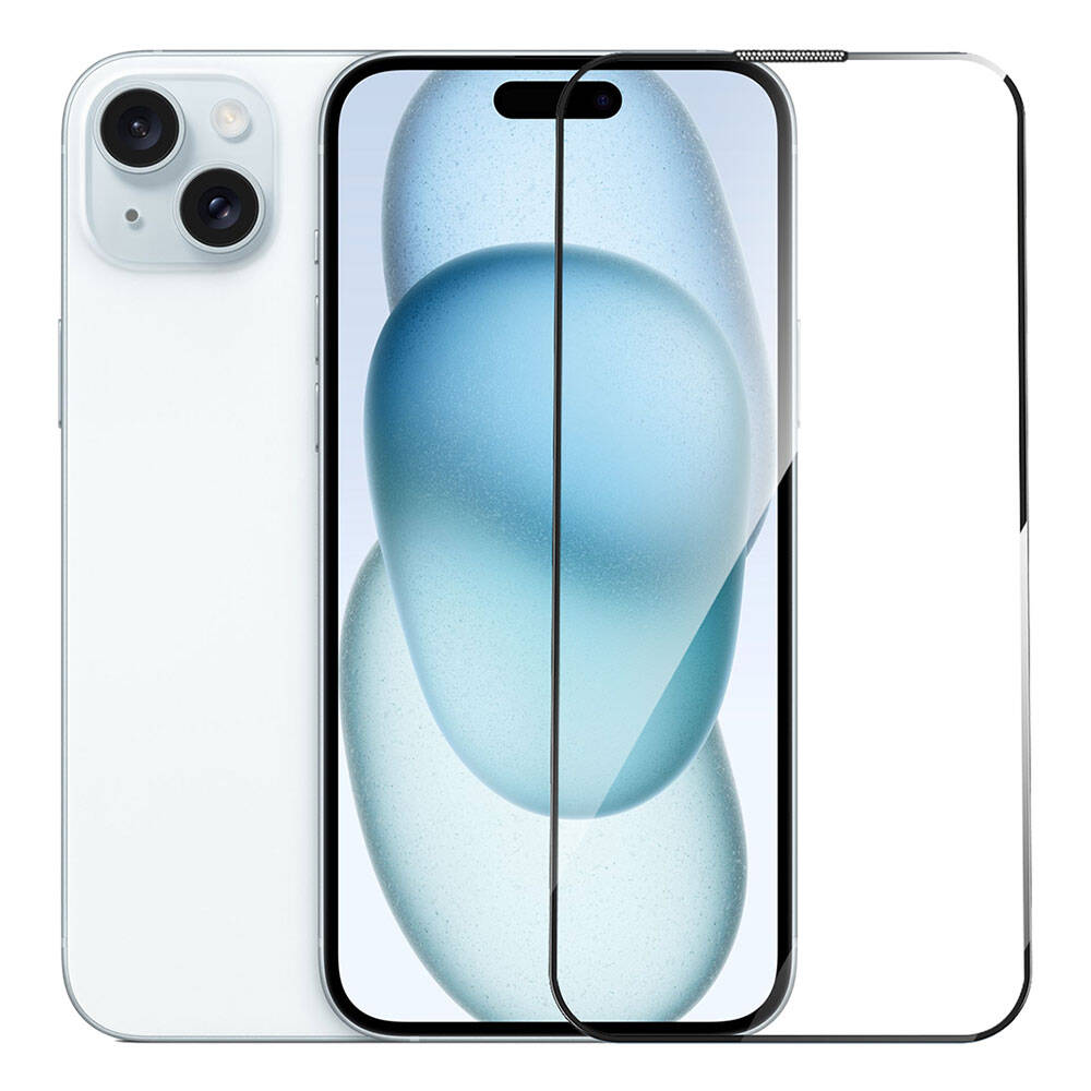 iPhone 15 Plus Wiwu GT-009 Polimer Oleofobik Kaplama Şeffaf Pürüzsüz Temperli Cam Ekran Koruyucu Siyah