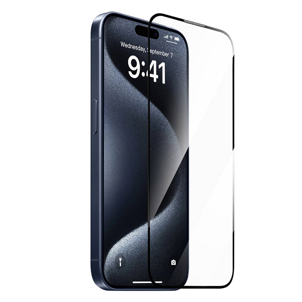 iPhone 15 Plus Wiwu SQ-008 Oleofobik Easy Install Darbeye Karşı Dayanıklı Temperli Cam Ekran Koruyucu + Kolay Uygulama Aparatlı Siyah