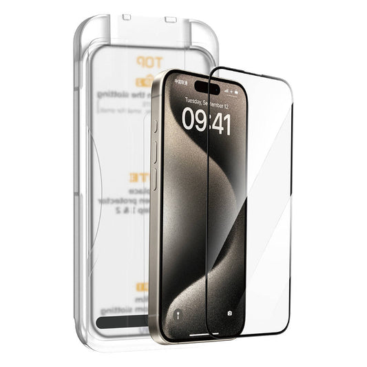 iPhone 15 Plus Wiwu SQ-008 Oleofobik Easy Install Darbeye Karşı Dayanıklı Temperli Cam Ekran Koruyucu + Kolay Uygulama Aparatlı Siyah