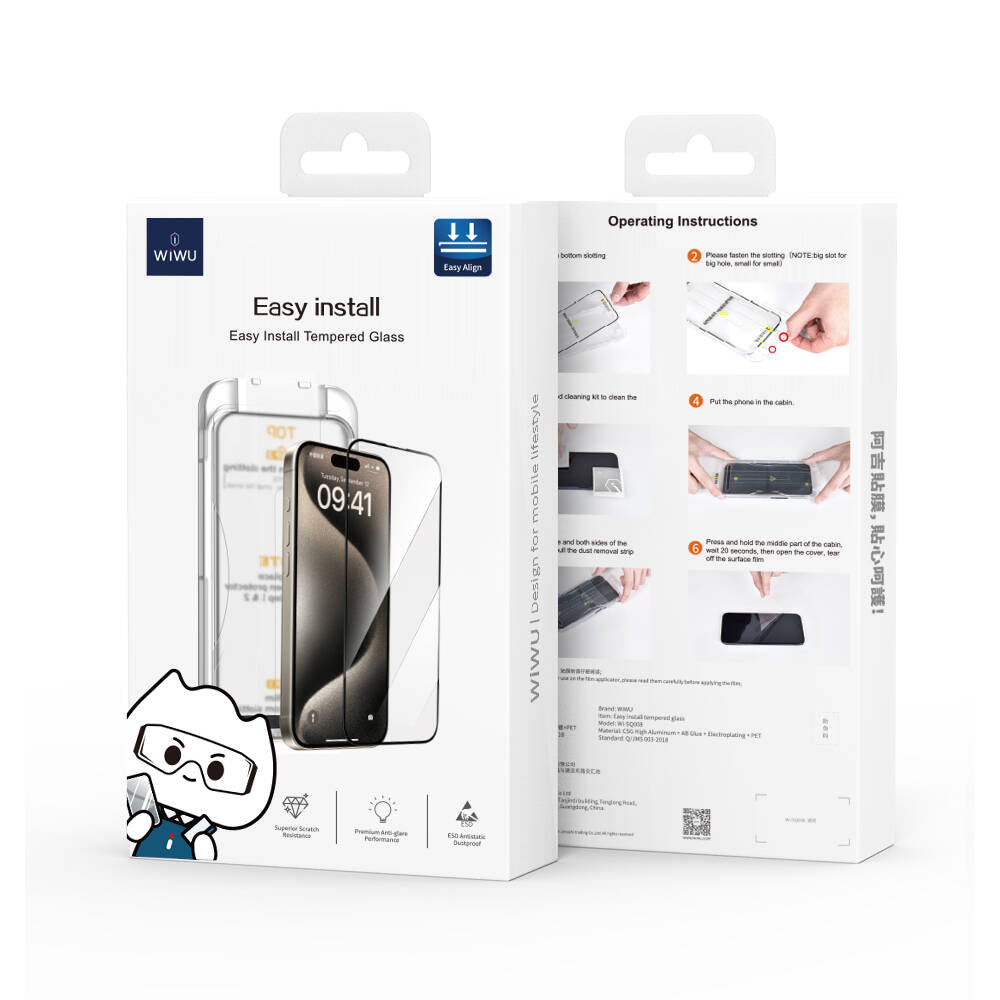 iPhone 15 Plus Wiwu SQ-008 Oleofobik Easy Install Darbeye Karşı Dayanıklı Temperli Cam Ekran Koruyucu + Kolay Uygulama Aparatlı Siyah