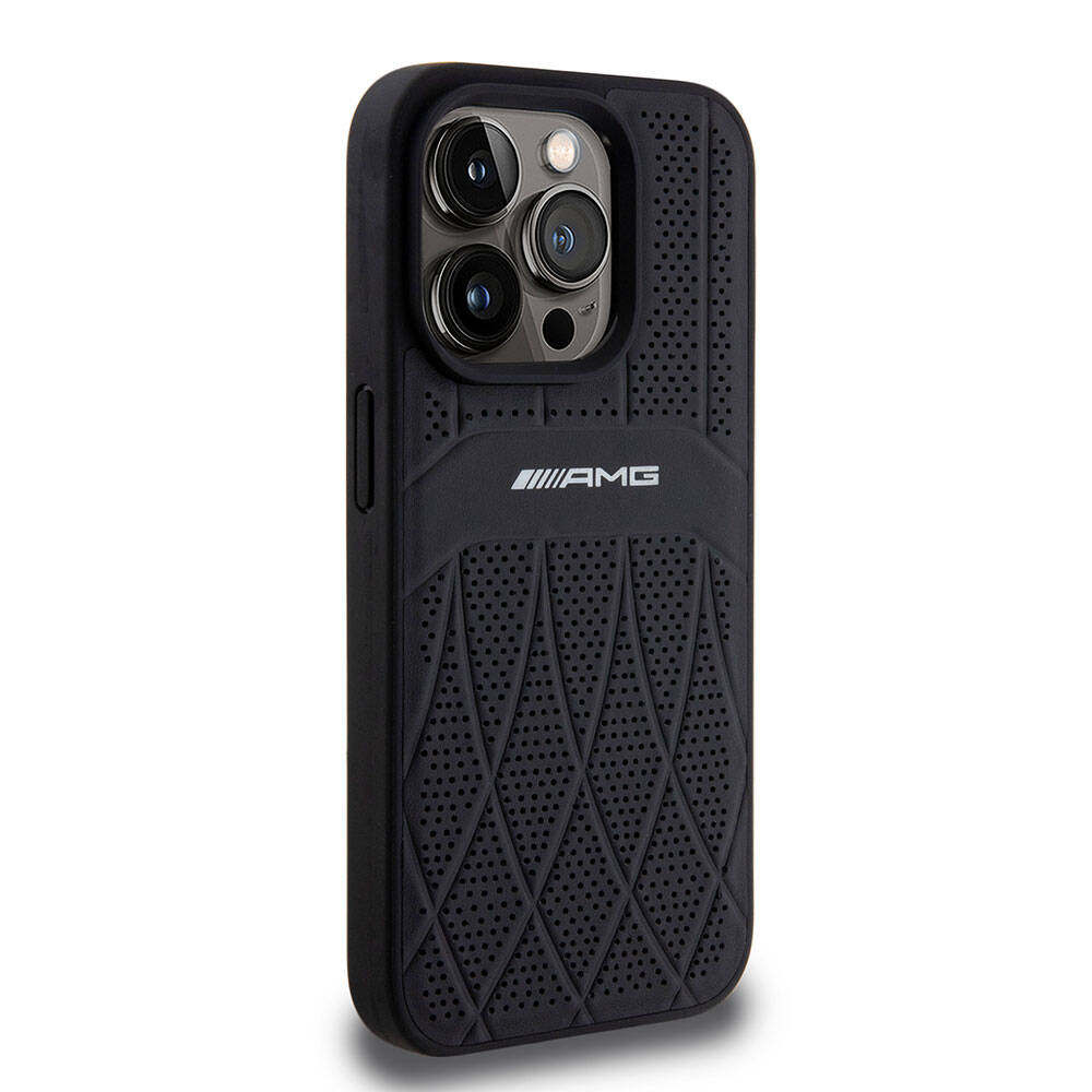 iPhone 15 Pro Kılıf AMG Orjinal Lisanslı Magsafe Şarj Özellikli Delikli Deri Kıvrımlı Çizgili Kılıf Siyah