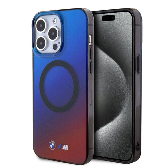 iPhone 15 Pro Kılıf BMW Magsafe Şarj Özellikli Transparan Renk Geçişli Dizayn Orjinal Lisanslı Kılıf Mavi-Kırmızı