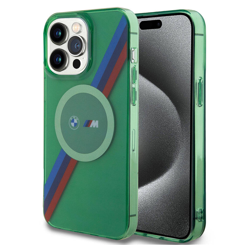 iPhone 15 Pro Kılıf BMW Magsafe Şarj Özellikli Transparan Tricolor Stripes Orjinal Lisanslı Kılıf Yeşil