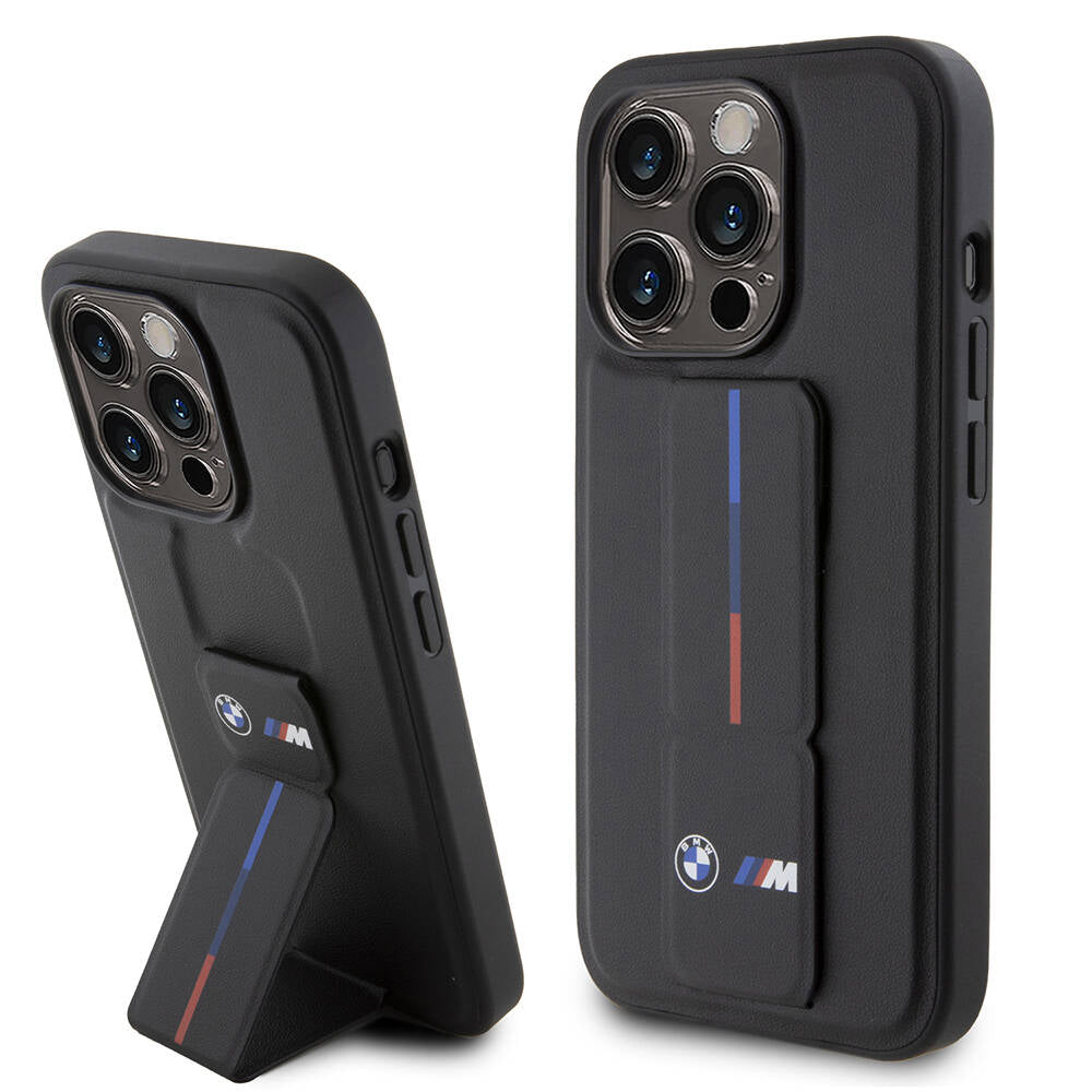 iPhone 15 Pro Kılıf BMW Orjinal Lisanslı M Şerit ve Logolu Standlı Kılıf Siyah