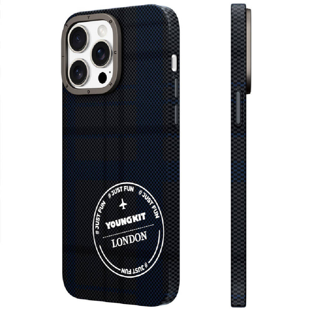 iPhone 15 Pro Kılıf Ekose Desenli Youngkit Gezhi Serisi Kılıf Mavi