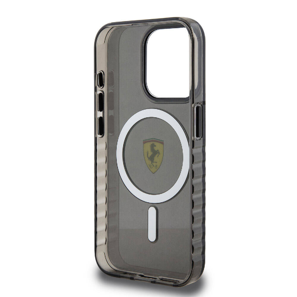 iPhone 15 Pro Kılıf Ferrari Orjinal Lisanslı Magsafe Şarj Özellikli Tırtıklı Kenar Tasarımlı Ortalanmış Logo Kılıf Renksiz