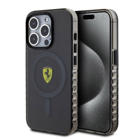 Apple iPhone 15 Pro Kılıf Ferrari Orjinal Lisanslı M-safe Şarj Özellikli Tırtıklı Kenar Tasarımlı Ortalanmış Logo Kapak