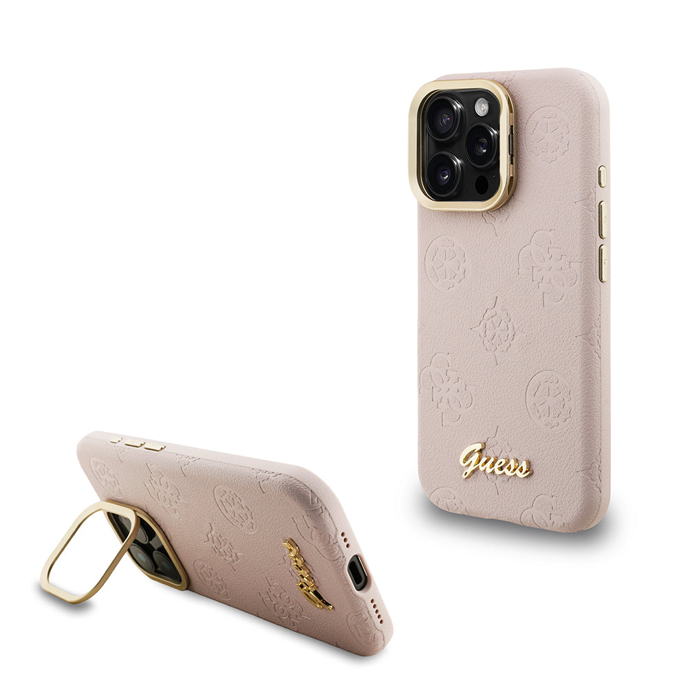 Apple iPhone 15 Pro Kılıf Guess Orjinal Lisanslı M-safe Şarj Özellikli Sıcak Baskılı Yazı Logolu Kamera Standlı PU Deri Peony Kapak