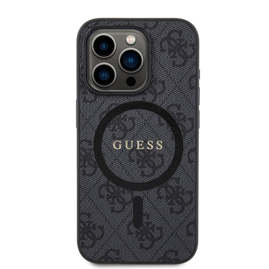 Apple iPhone 15 Pro Kılıf Guess Orjinal Lisanslı M-safe Şarj Özellikli PU Halkalı 4G Desenli Yazı Logolu Kapak