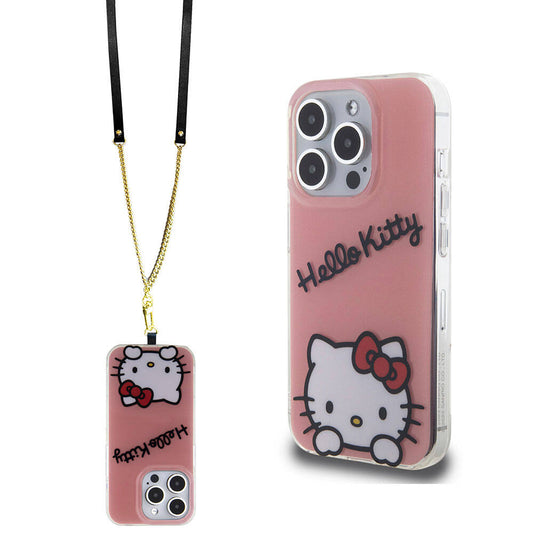 iPhone 15 Pro Kılıf Hello Kitty Orjinal Lisanslı Askılı Yazı ve İkonik Logolu Daydreaming Kılıf Pembe