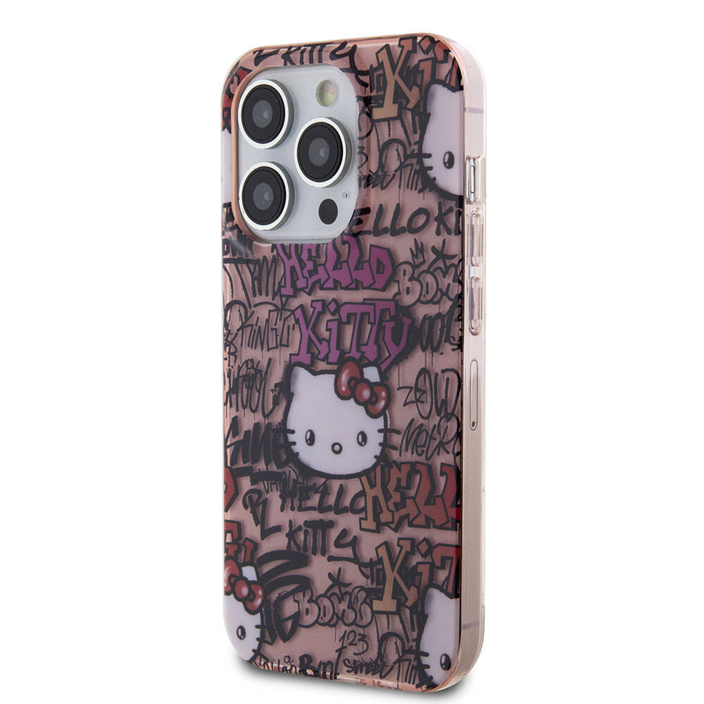 iPhone 15 Pro Kılıf Hello Kitty Orjinal Lisanslı İkonik Logolu Etiket Graffiti Kılıf Pembe