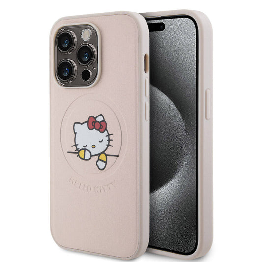 iPhone 15 Pro Kılıf Hello Kitty Orjinal Lisanslı Magsafe Şarj Özellikli Baskı Logolu Uyuyan Kitty Deri Kılıf Pembe