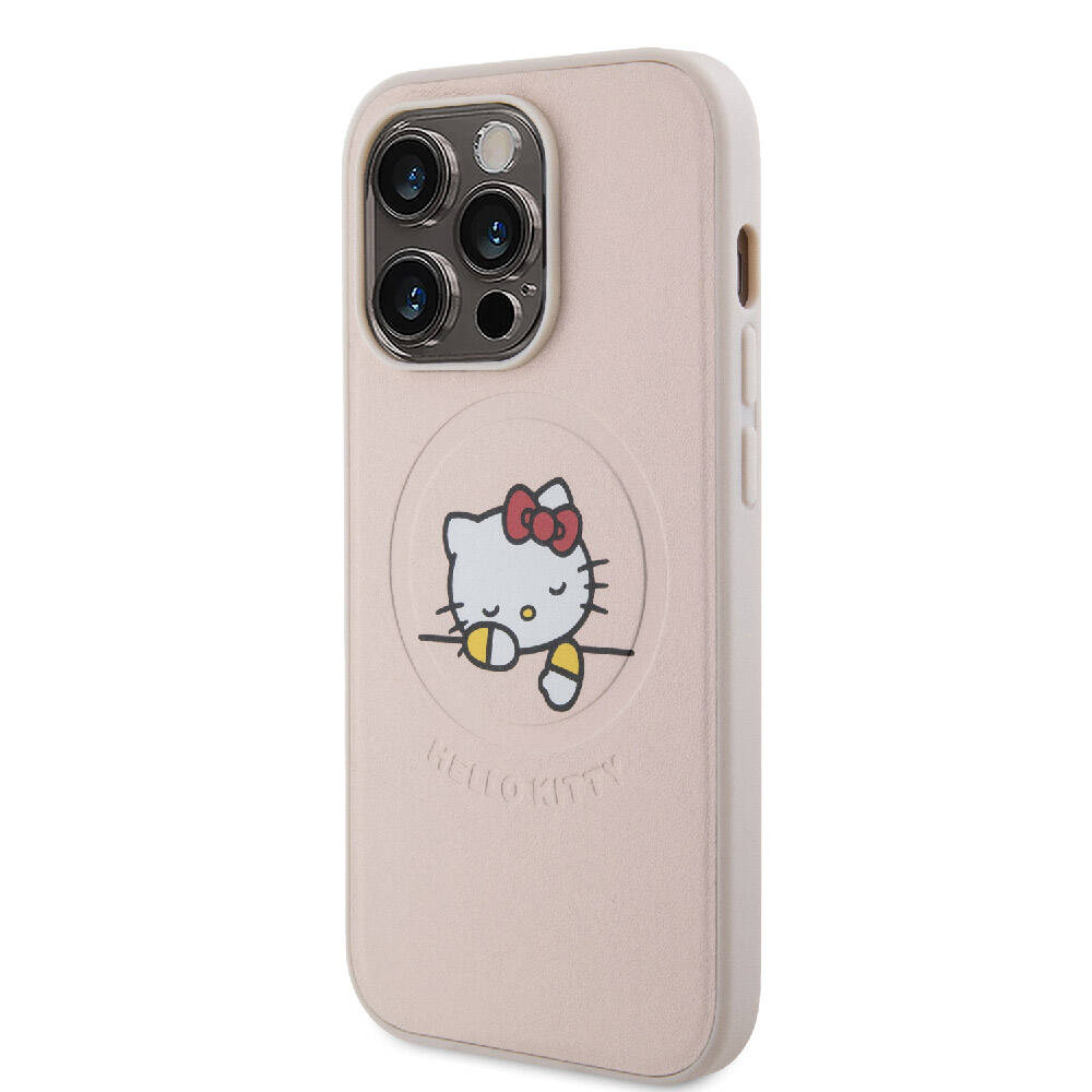 iPhone 15 Pro Kılıf Hello Kitty Orjinal Lisanslı Magsafe Şarj Özellikli Baskı Logolu Uyuyan Kitty Deri Kılıf Gümüş