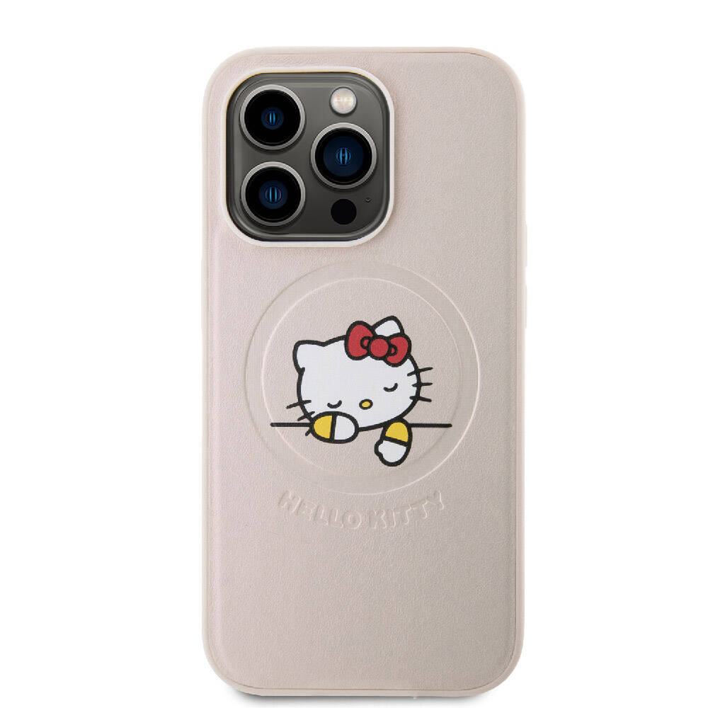 iPhone 15 Pro Kılıf Hello Kitty Orjinal Lisanslı Magsafe Şarj Özellikli Baskı Logolu Uyuyan Kitty Deri Kılıf Pembe