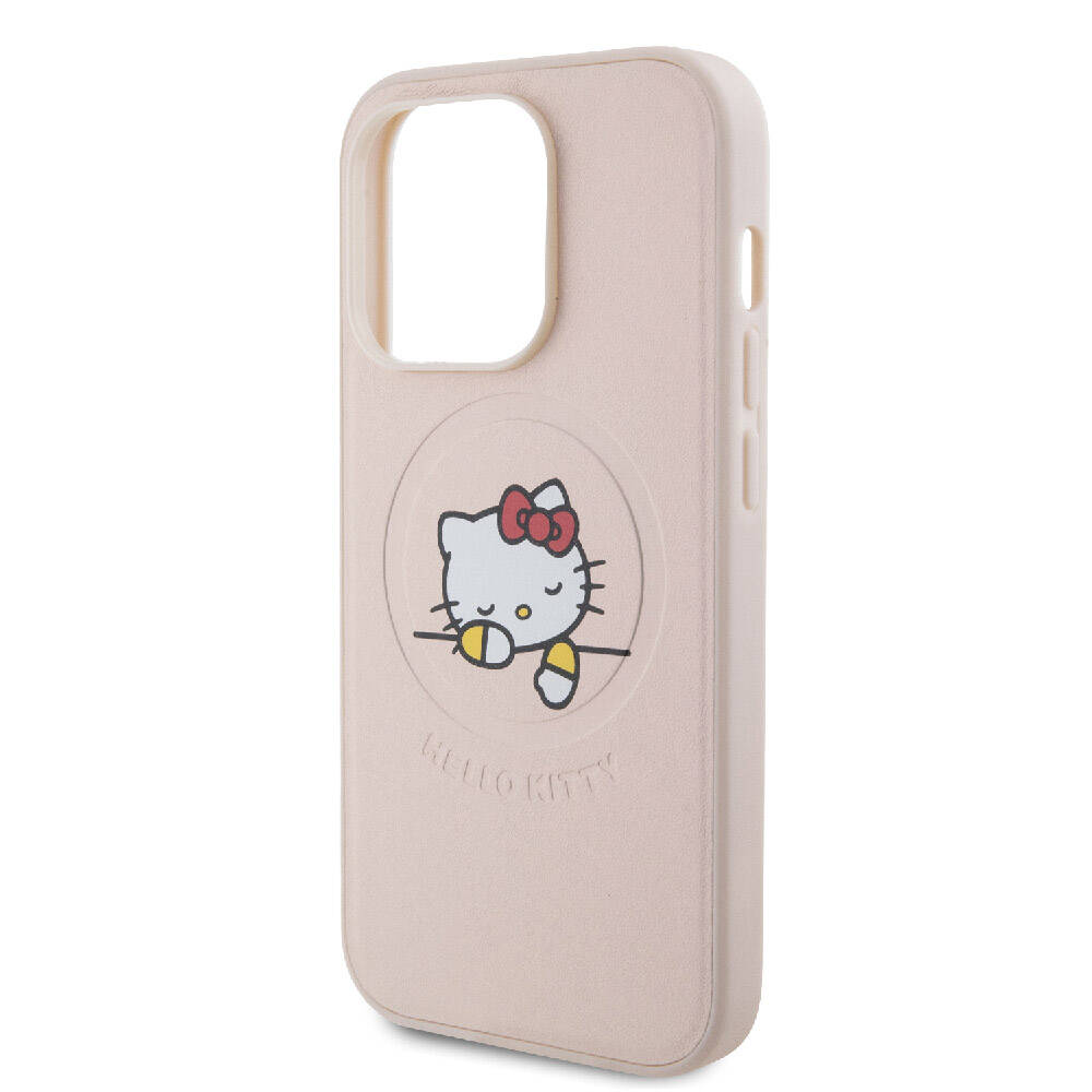 iPhone 15 Pro Kılıf Hello Kitty Orjinal Lisanslı Magsafe Şarj Özellikli Baskı Logolu Uyuyan Kitty Deri Kılıf Gümüş