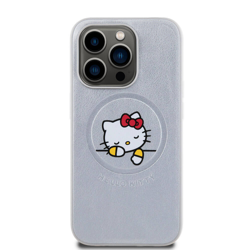 iPhone 15 Pro Kılıf Hello Kitty Orjinal Lisanslı Magsafe Şarj Özellikli Baskı Logolu Uyuyan Kitty Deri Kılıf Pembe