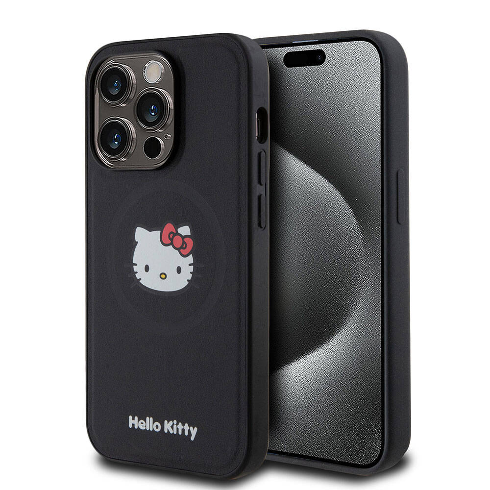 iPhone 15 Pro Kılıf Hello Kitty Orjinal Lisanslı Magsafe Şarj Özellikli Kitty Head Deri Kılıf Siyah