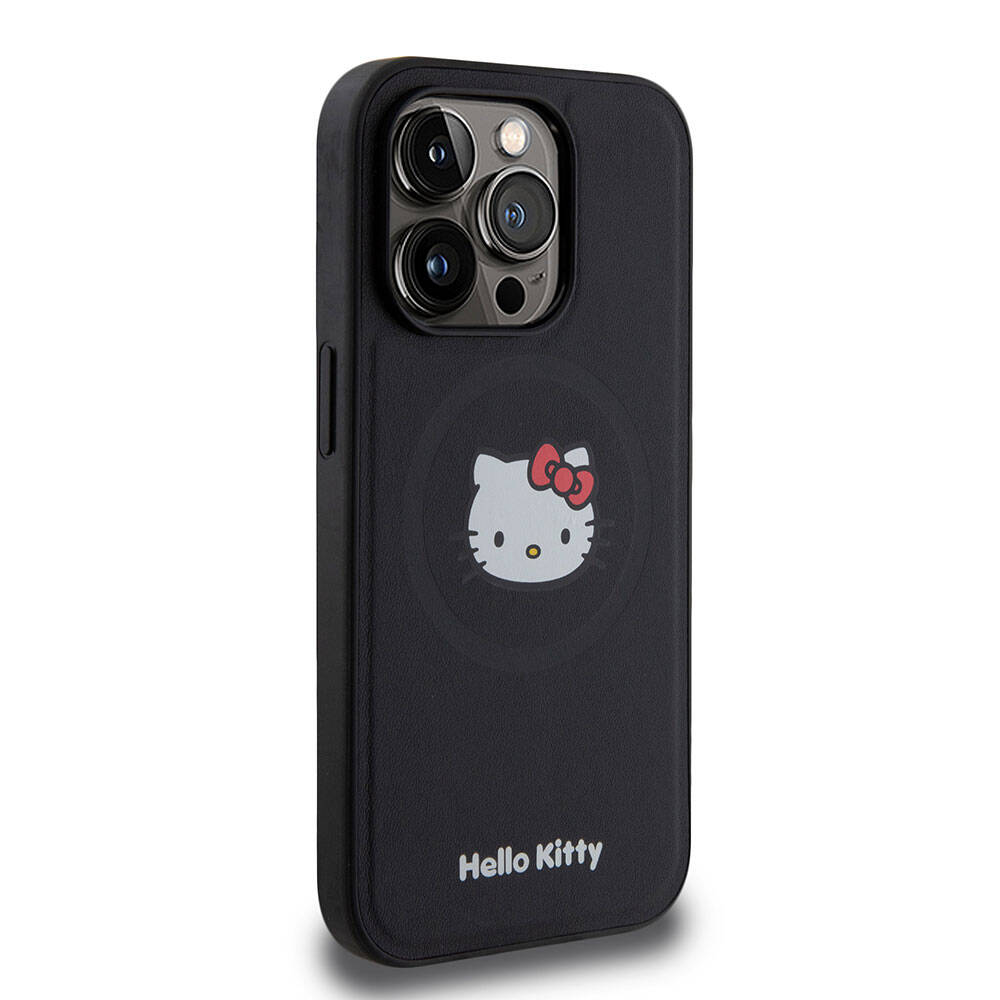 iPhone 15 Pro Kılıf Hello Kitty Orjinal Lisanslı Magsafe Şarj Özellikli Kitty Head Deri Kılıf Siyah