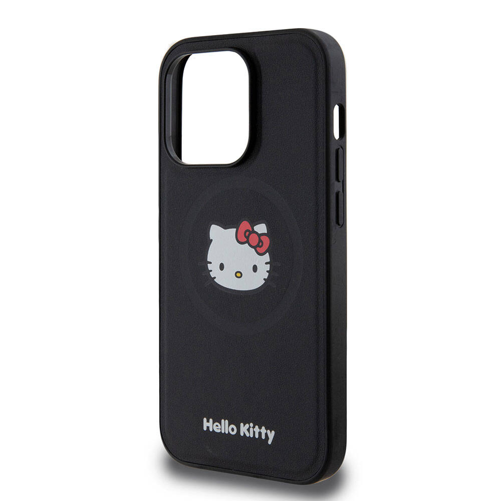 iPhone 15 Pro Kılıf Hello Kitty Orjinal Lisanslı Magsafe Şarj Özellikli Kitty Head Deri Kılıf Siyah