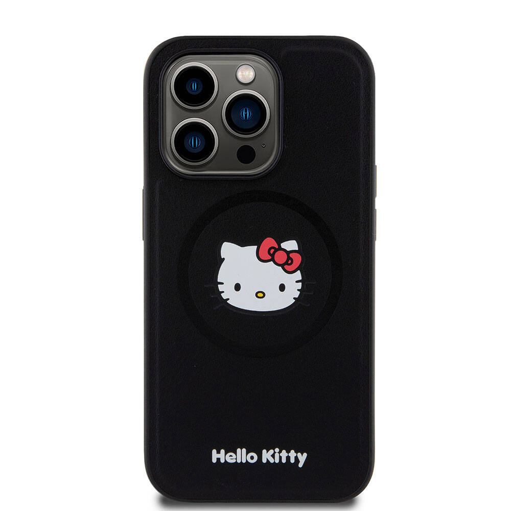 iPhone 15 Pro Kılıf Hello Kitty Orjinal Lisanslı Magsafe Şarj Özellikli Kitty Head Deri Kılıf Siyah