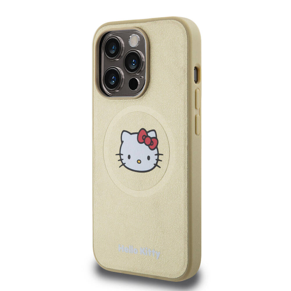 iPhone 15 Pro Kılıf Hello Kitty Orjinal Lisanslı Magsafe Şarj Özellikli Kitty Head Deri Kılıf Gold