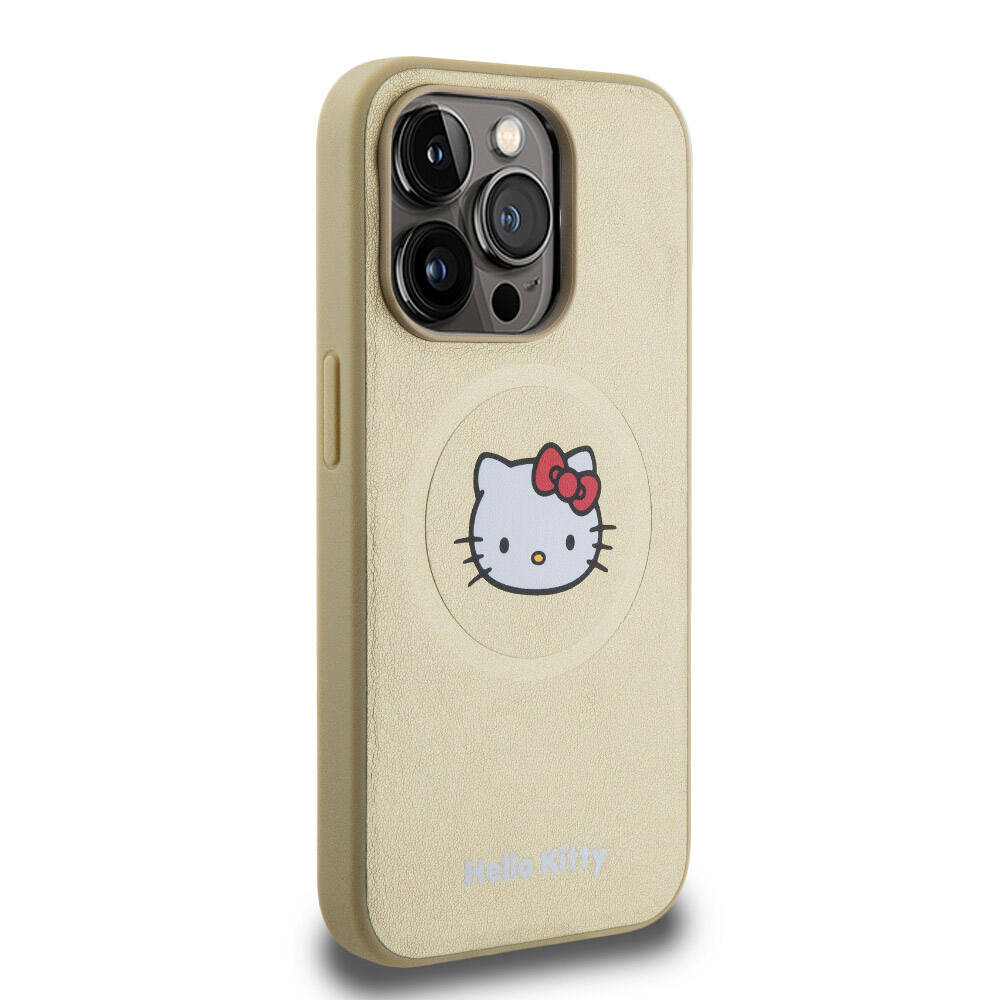 iPhone 15 Pro Kılıf Hello Kitty Orjinal Lisanslı Magsafe Şarj Özellikli Kitty Head Deri Kılıf Gold
