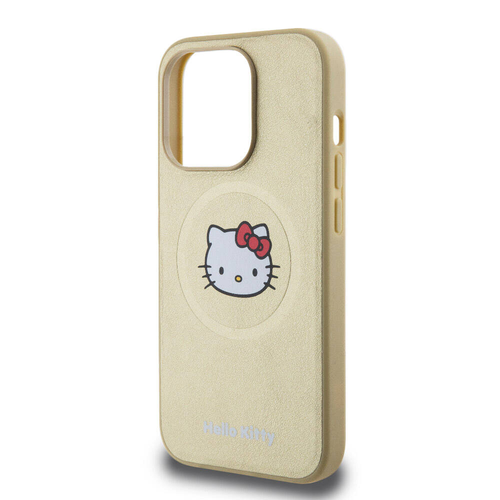 iPhone 15 Pro Kılıf Hello Kitty Orjinal Lisanslı Magsafe Şarj Özellikli Kitty Head Deri Kılıf Gold