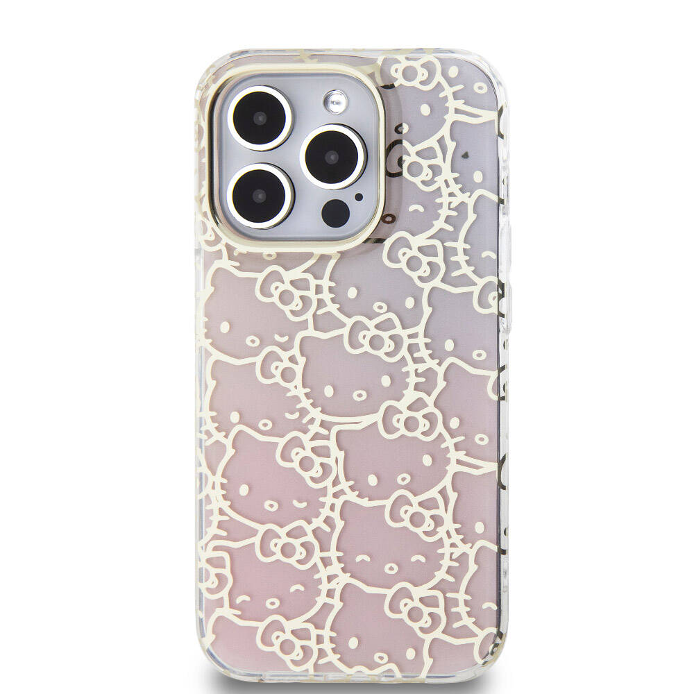 iPhone 15 Pro Kılıf Hello Kitty Orjinal Lisanslı Renk Geçişli Elektroplating Kaplama Kitty Head Desenli Kılıf Pembe
