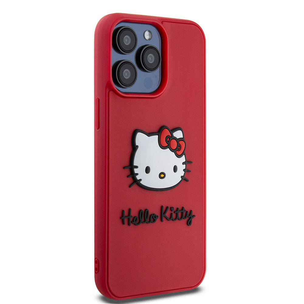 iPhone 15 Pro Kılıf Hello Kitty Orjinal Lisanslı Yazı ve İkonik Logolu 3D Rubber Kitty Head Kılıf Kırmızı