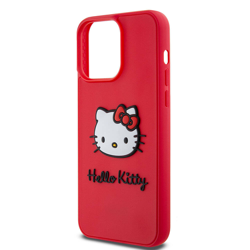 iPhone 15 Pro Kılıf Hello Kitty Orjinal Lisanslı Yazı ve İkonik Logolu 3D Rubber Kitty Head Kılıf Kırmızı